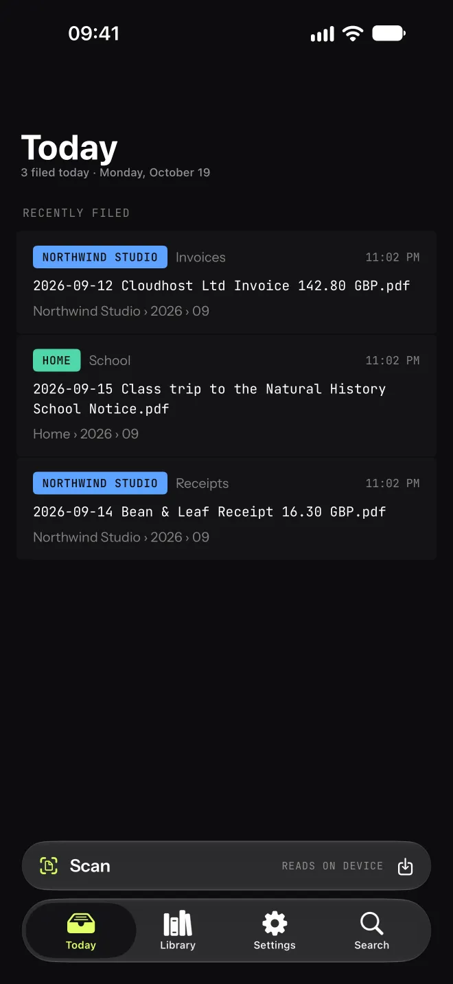 Today screen listing three filed documents